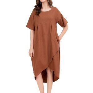 Mordenmiss Linen Cotton Dress Large Irregular Hem Shirt Dress Pockets Brown